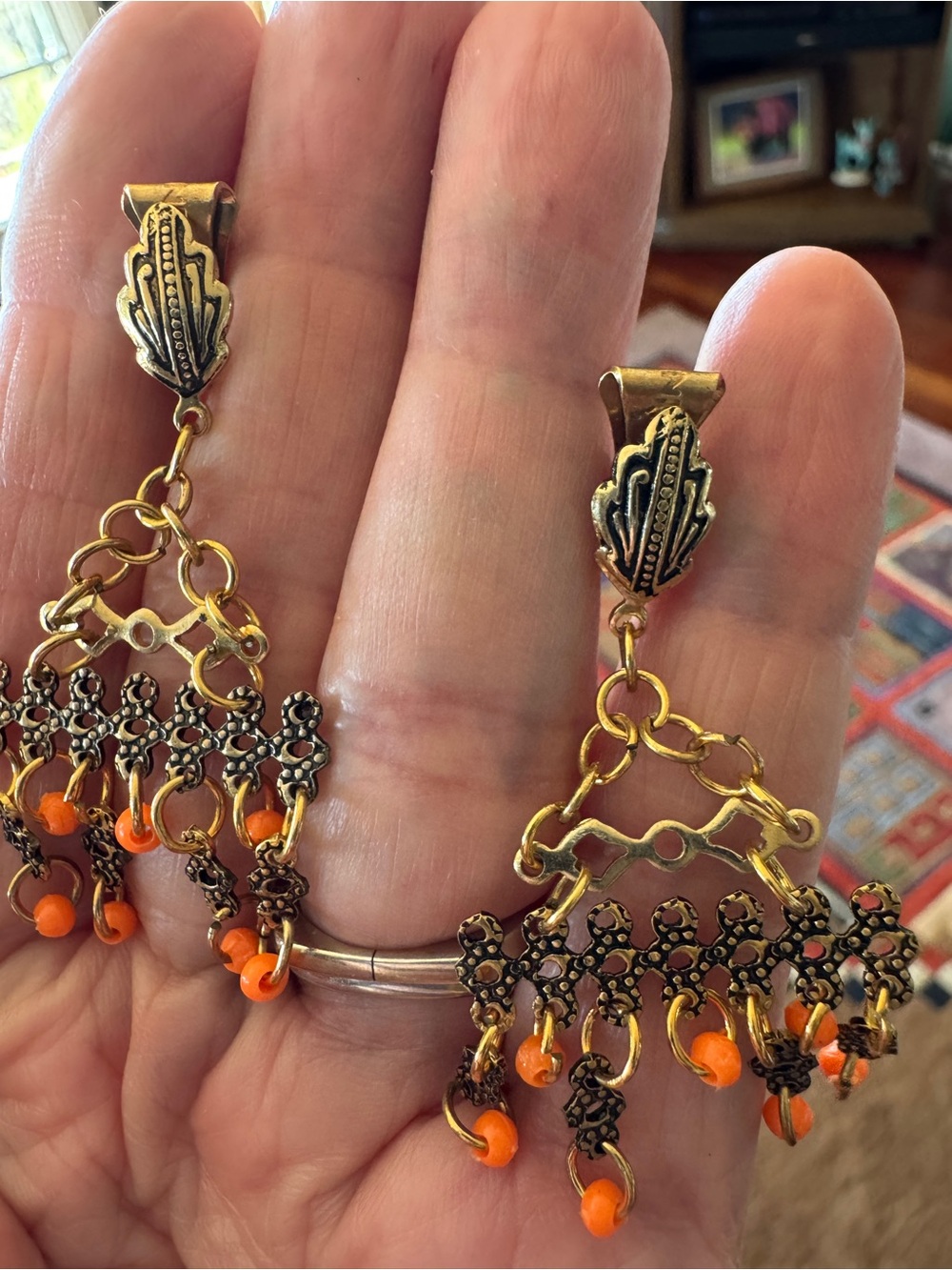 Vintage Spain Goldtone Filigree Chandelier Clip Earrings Coral Orange Beads Boho